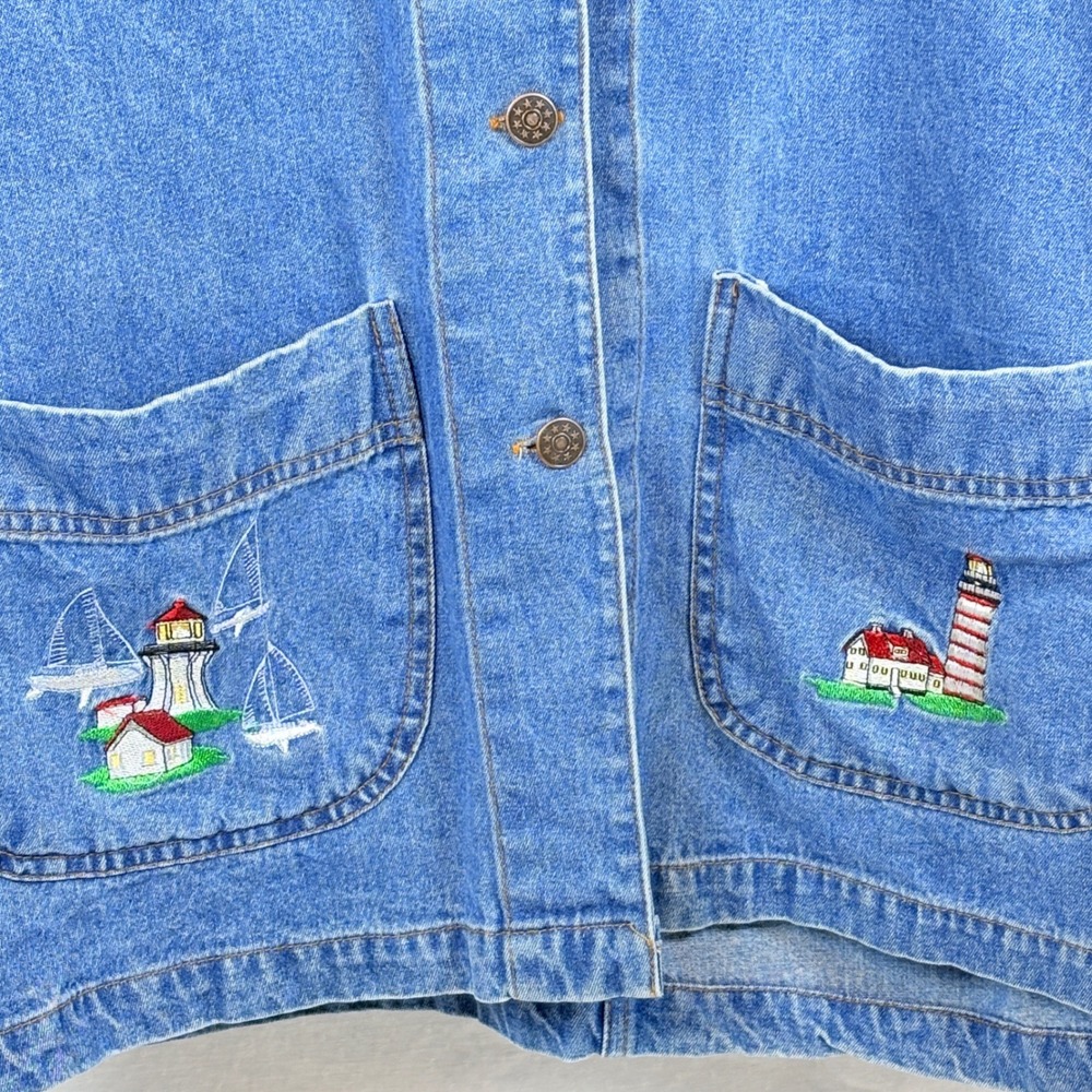 Vtg Casey Coleman Lighthouse Embroidered Denim Chore Field Barn Jacket M/L - Picture 5 of 12